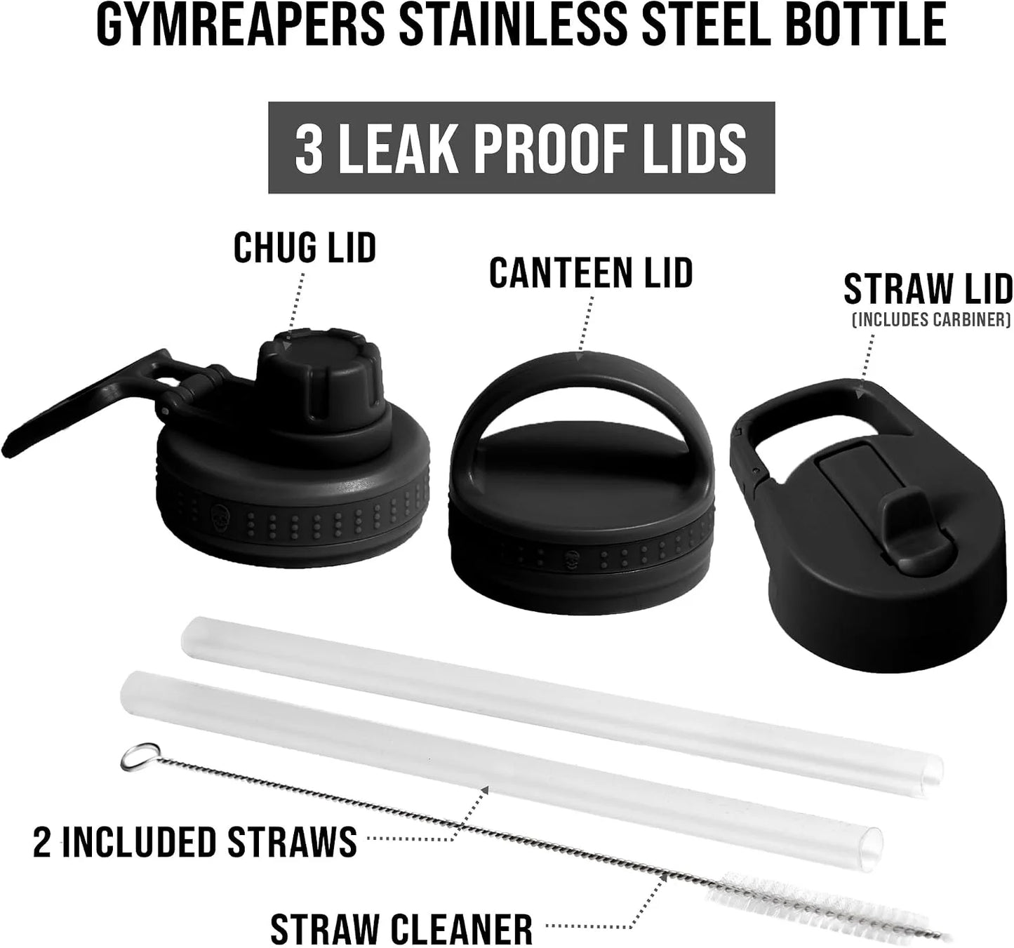 Gymreapers Insulated Water Bottle with Straw - 32 OZ Stainless Steel Water Bottles - BPA Free Metal Double Wall Vacuum Cold Hot Leakfree Flask Jug For Travel, Sports, Gym, School & Workout