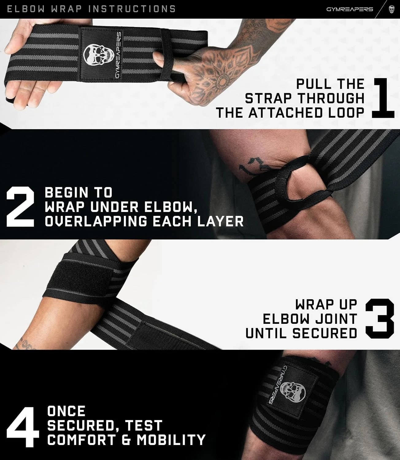 Gymreapers Weightlifting Elbow Wraps (1 Pair) - Flexible 40'' Elbow Compression Strap & Joint Support Brace - for Bench Press, Powerlifting, and Pressing