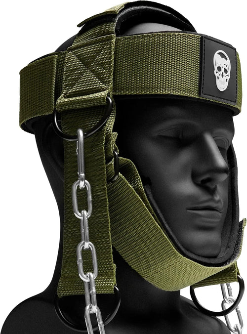 Gymreapers Neck Harness Weight Lifting - Neck Trainer Workout Equipment - Heavy Duty Stainless Steel Chain, Adjustable Neoprene Head Strap, Exercise Equipment for Strength & Pain Relief