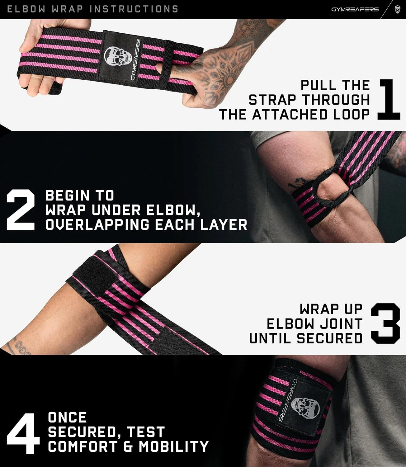 Gymreapers Weightlifting Elbow Wraps (1 Pair) - Flexible 40'' Elbow Compression Strap & Joint Support Brace - for Bench Press, Powerlifting, and Pressing