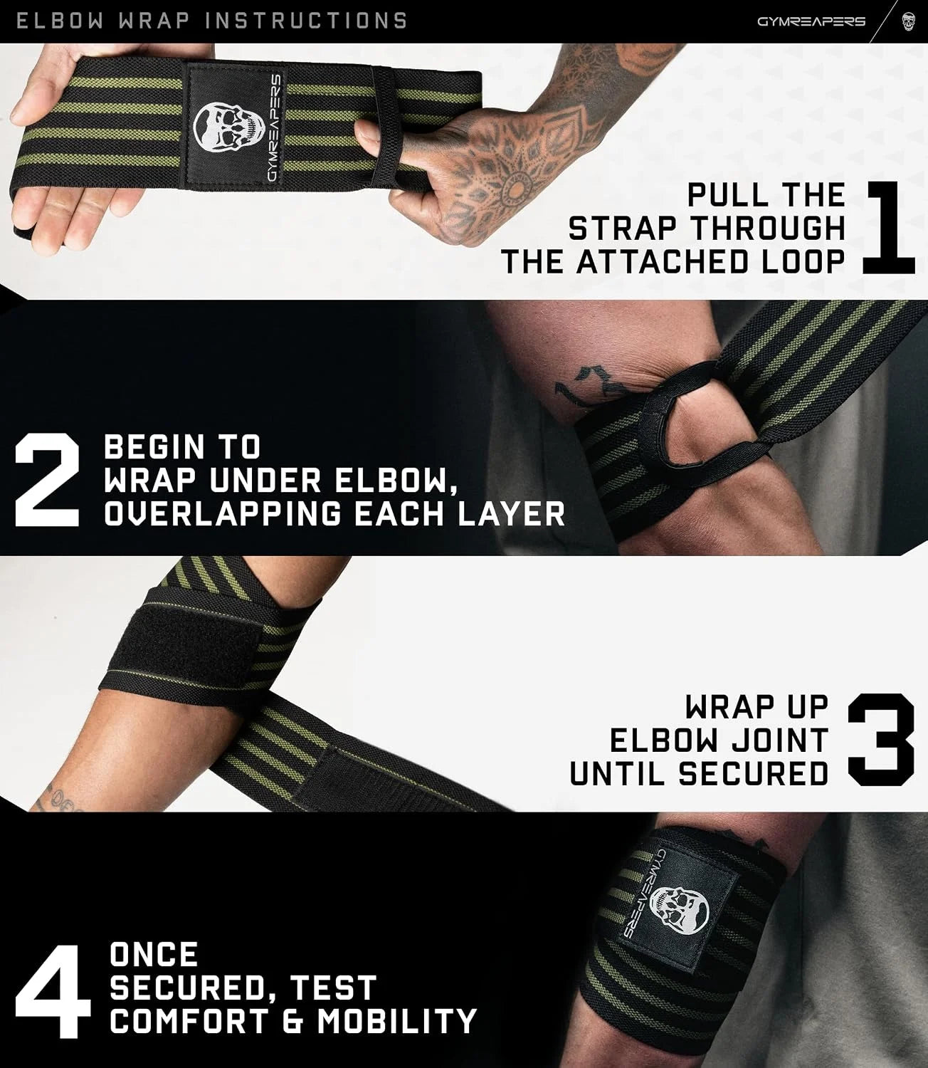 Gymreapers Weightlifting Elbow Wraps (1 Pair) - Flexible 40'' Elbow Compression Strap & Joint Support Brace - for Bench Press, Powerlifting, and Pressing