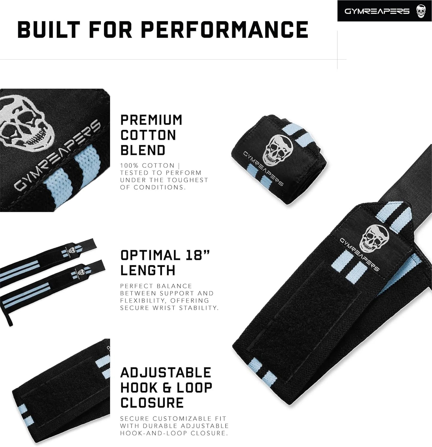 Gymreapers Weightlifting Wrist Wraps (IPF Approved) Professional Quality Wrist Support with Heavy Duty Thumb Loop - Best Wrap for Powerlifting Competition, Strength Training, Bodybuilding