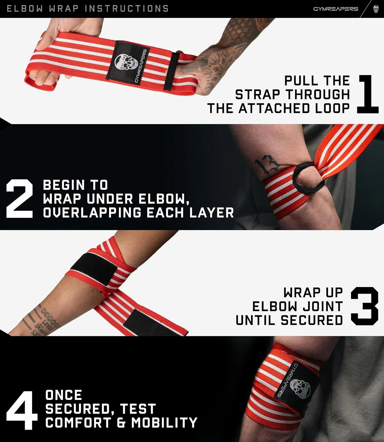 Gymreapers Weightlifting Elbow Wraps (1 Pair) - Flexible 40'' Elbow Compression Strap & Joint Support Brace - for Bench Press, Powerlifting, and Pressing