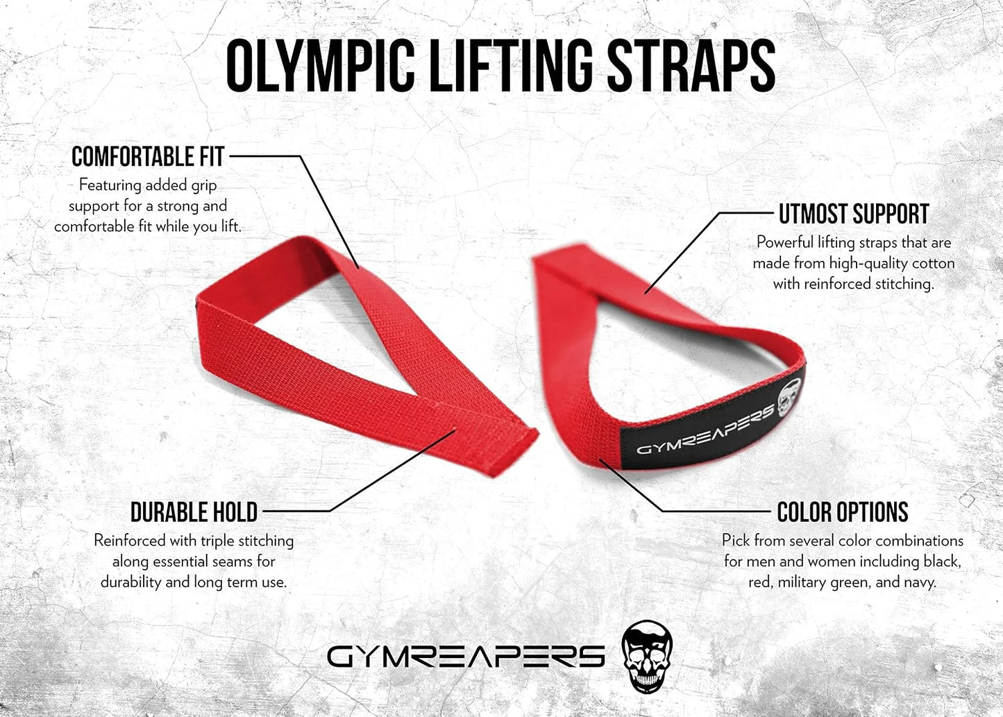 Gymreapers Olympic Lifting Straps for Weightlifting, Snatch, Clean, Powerlifting, Strongman, Deadlifts - Durable Cotton with Reinforced Stitching (Pair)