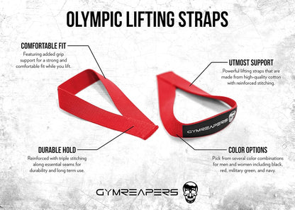 Gymreapers Olympic Lifting Straps for Weightlifting, Snatch, Clean, Powerlifting, Strongman, Deadlifts - Durable Cotton with Reinforced Stitching (Pair)