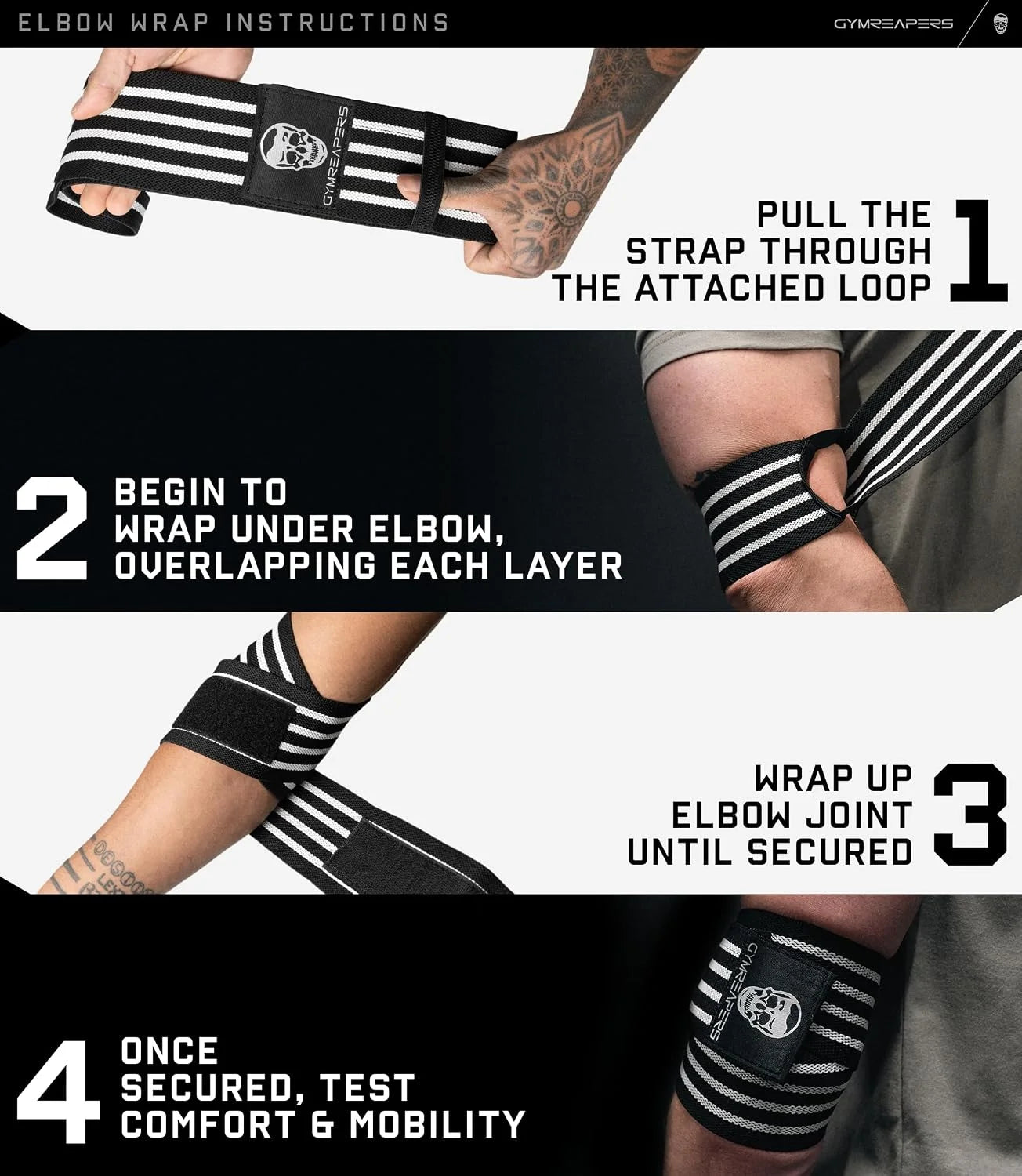 Gymreapers Weightlifting Elbow Wraps (1 Pair) - Flexible 40'' Elbow Compression Strap & Joint Support Brace - for Bench Press, Powerlifting, and Pressing