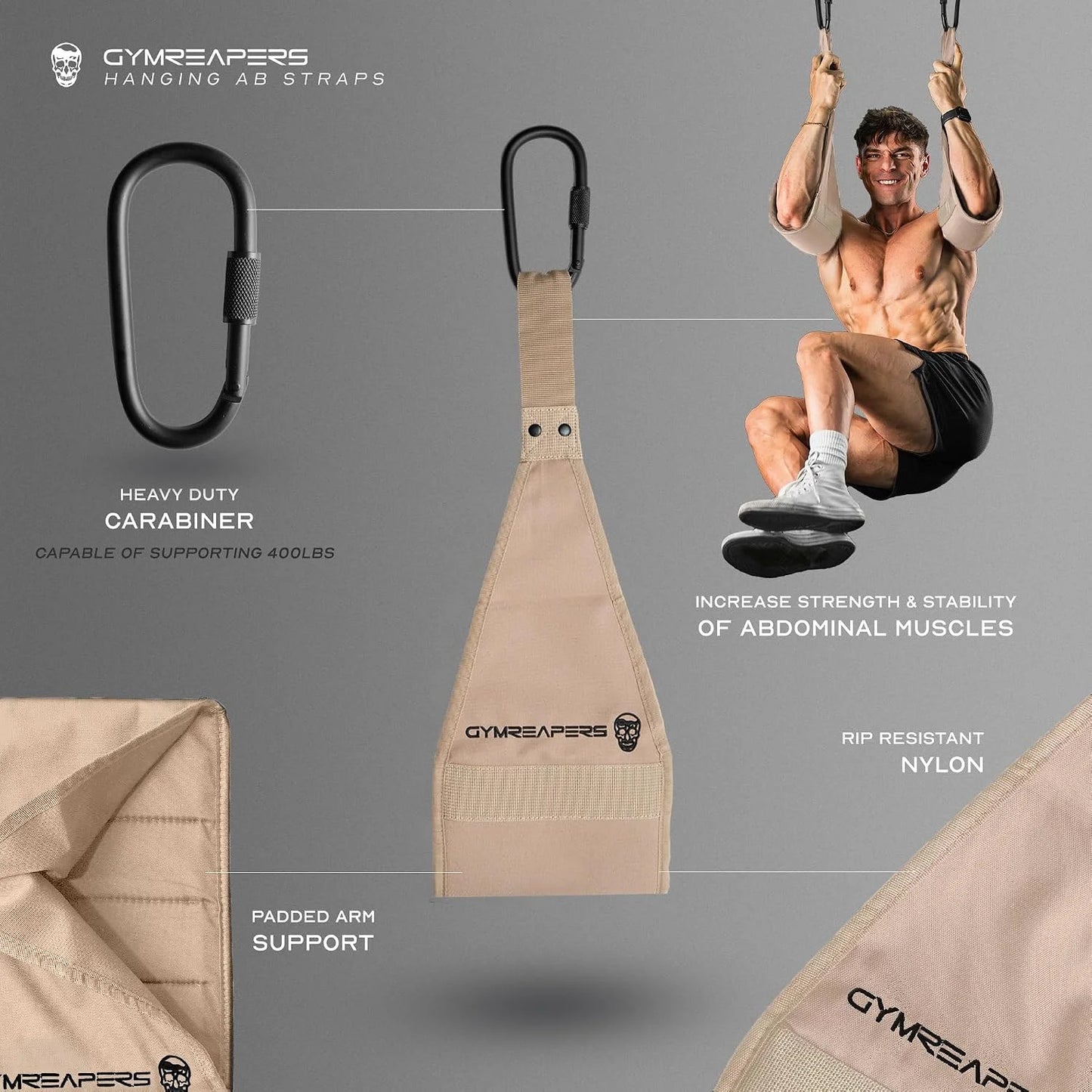 Gymreapers Hanging Ab Straps for Pull-Up Bar - Hang Bar Assist Strap & Strength Workout Equipment, Padded Adjustable Arm Supports with 2 Steel Carabiners for Leg Raises, Abdominal & Core Training
