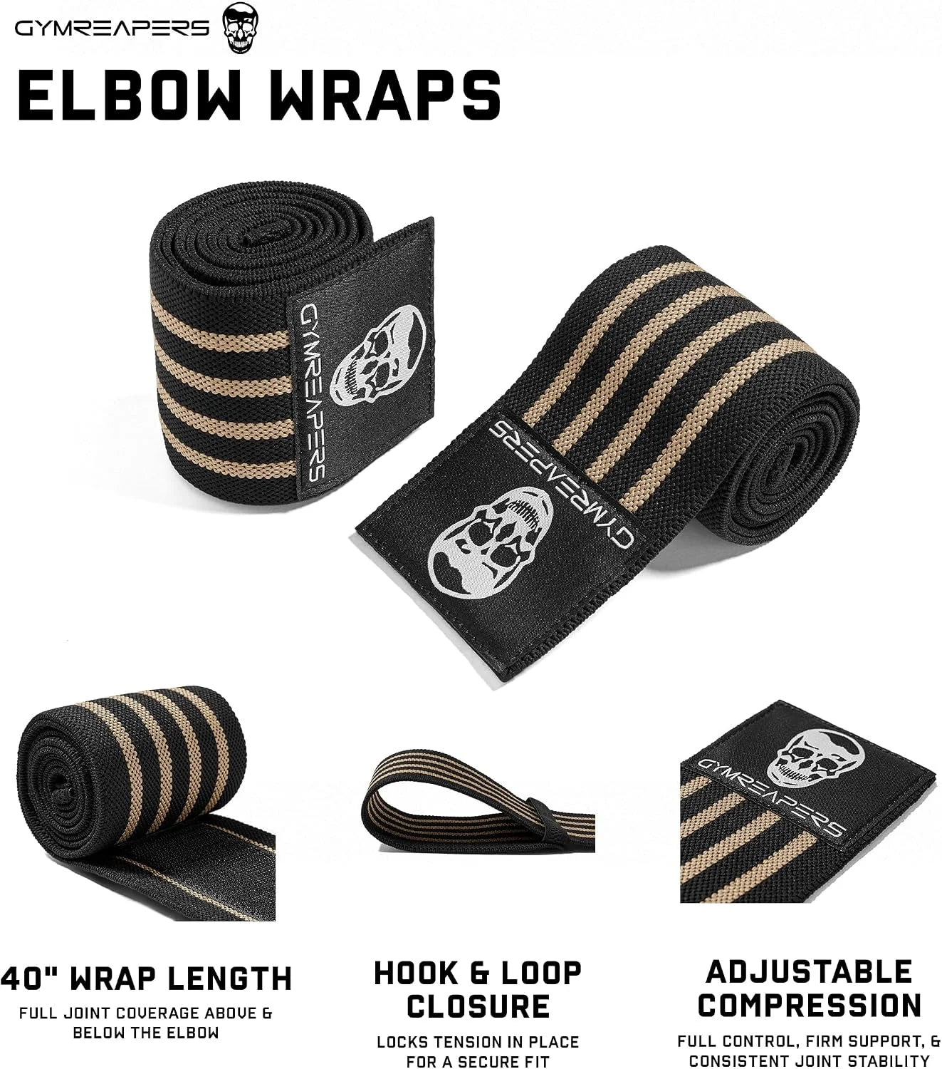 Gymreapers Weightlifting Elbow Wraps (1 Pair) - Flexible 40'' Elbow Compression Strap & Joint Support Brace - for Bench Press, Powerlifting, and Pressing