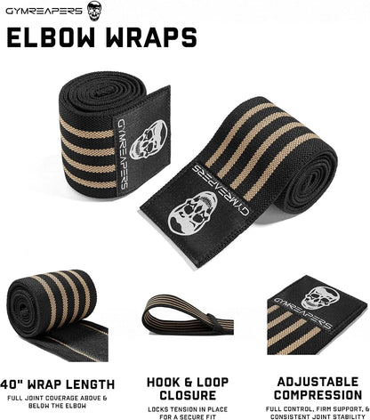 Gymreapers Weightlifting Elbow Wraps (1 Pair) - Flexible 40'' Elbow Compression Strap & Joint Support Brace - for Bench Press, Powerlifting, and Pressing