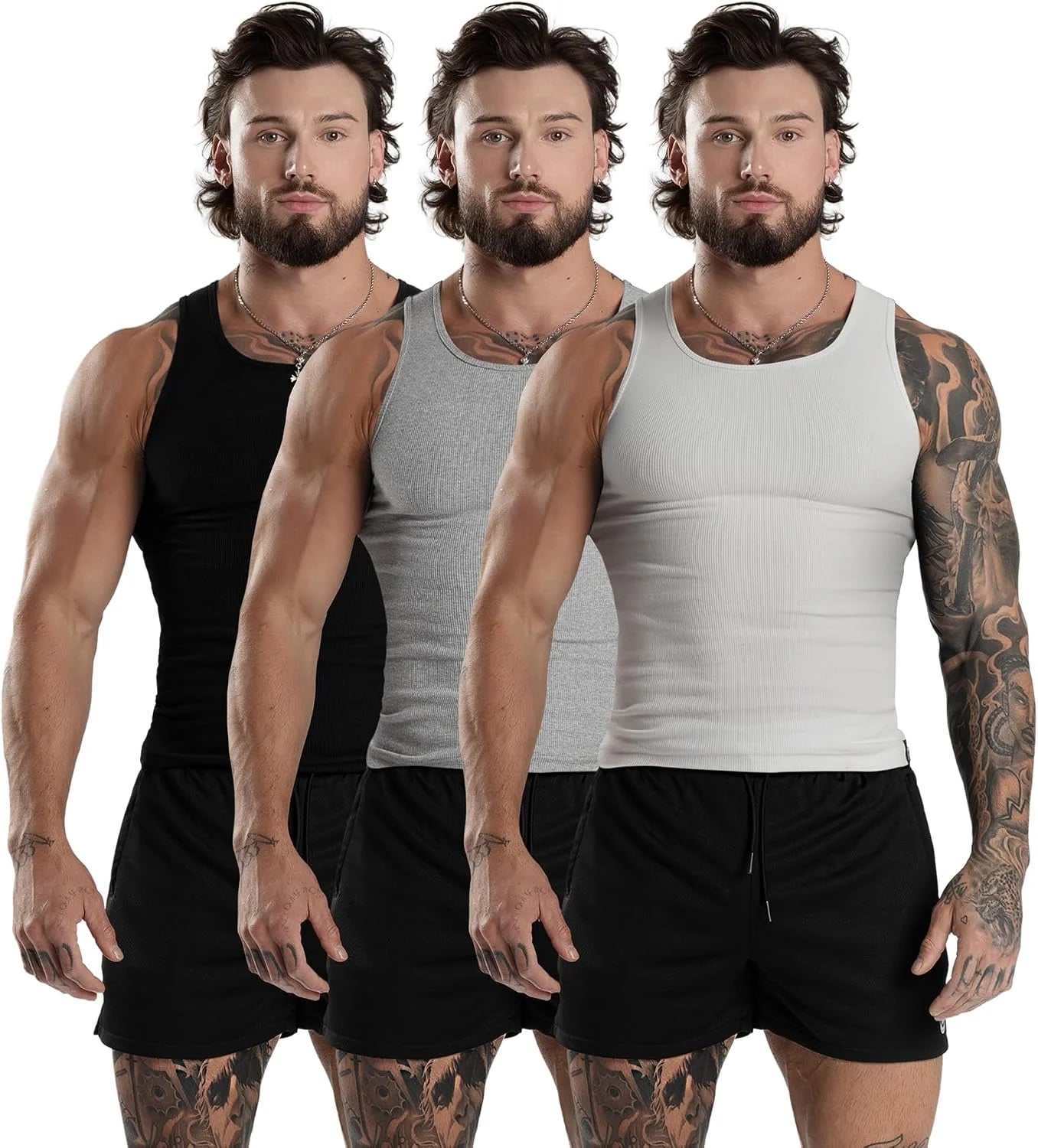 Gymreapers Mens Tank Tops Ribbed Sleeveless Undershirts - Cotton Fit Compression Tank for Gym, Workout & Training - Pack of 3
