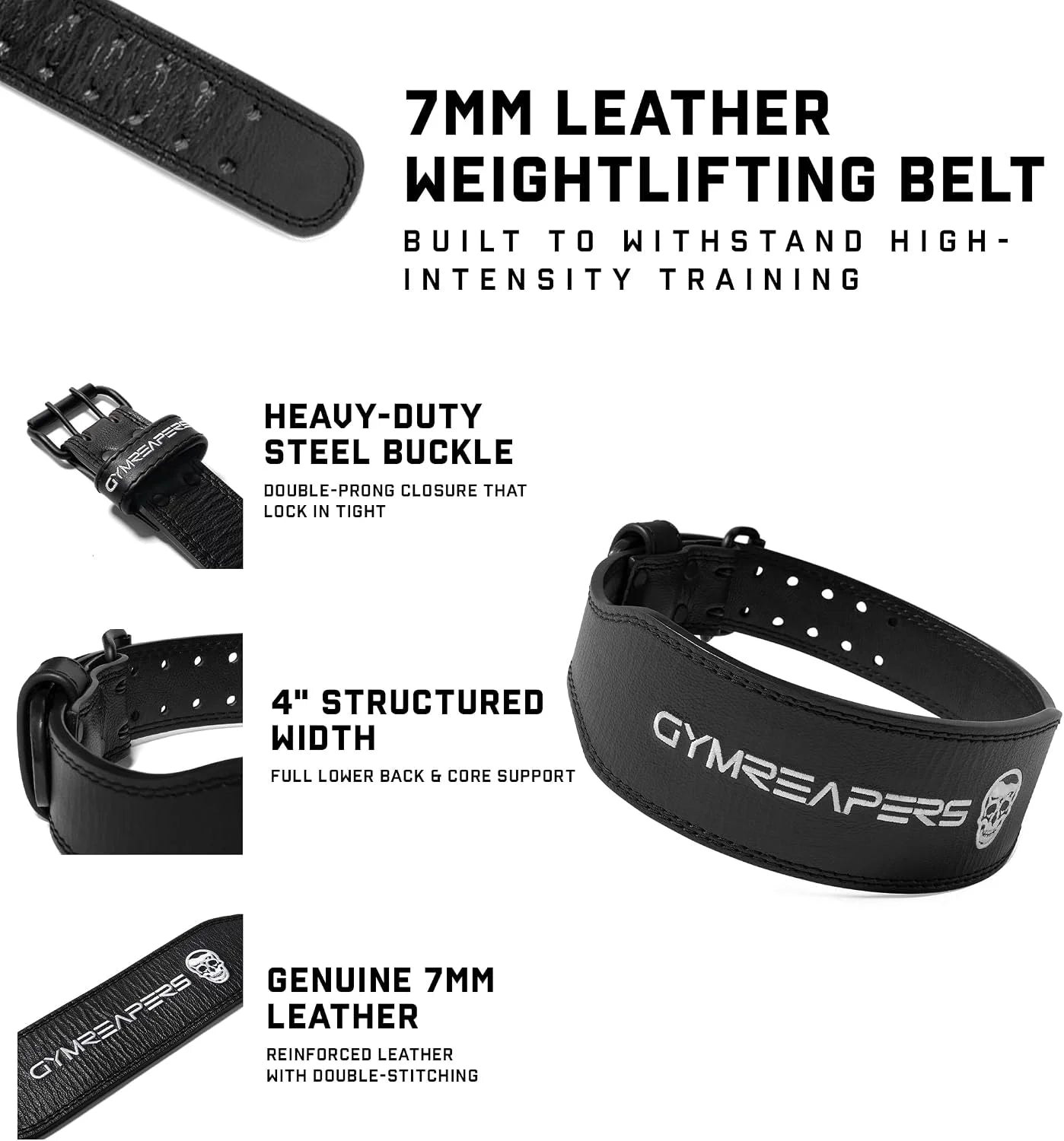 Gymreapers Leather Weightlifting Belt for Bodybuilding, Squatting, Lower Back Support & Back Pain - Real Leather, Adjustable Buckle Sizing - Men Women