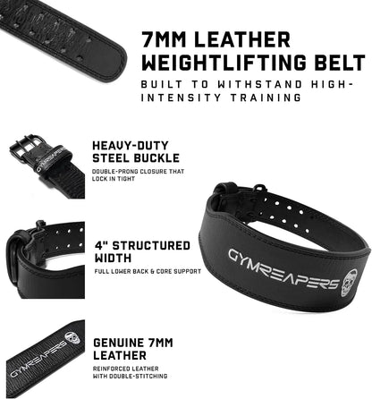 Gymreapers Leather Weightlifting Belt for Bodybuilding, Squatting, Lower Back Support & Back Pain - Real Leather, Adjustable Buckle Sizing - Men Women
