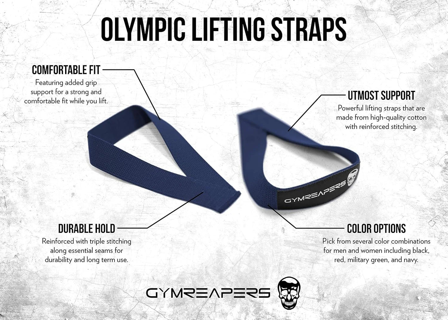 Gymreapers Olympic Lifting Straps for Weightlifting, Snatch, Clean, Powerlifting, Strongman, Deadlifts - Durable Cotton with Reinforced Stitching (Pair)