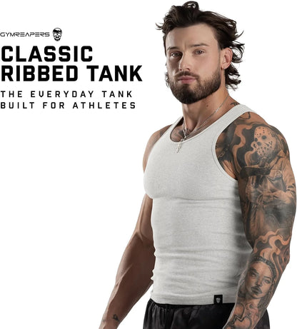 Gymreapers Mens Tank Tops Ribbed Sleeveless Undershirts - Cotton Fit Compression Tank for Gym, Workout & Training - Pack of 3
