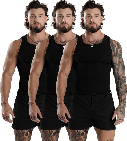 Gymreapers Mens Tank Tops Ribbed Sleeveless Undershirts - Cotton Fit Compression Tank for Gym, Workout & Training - Pack of 3