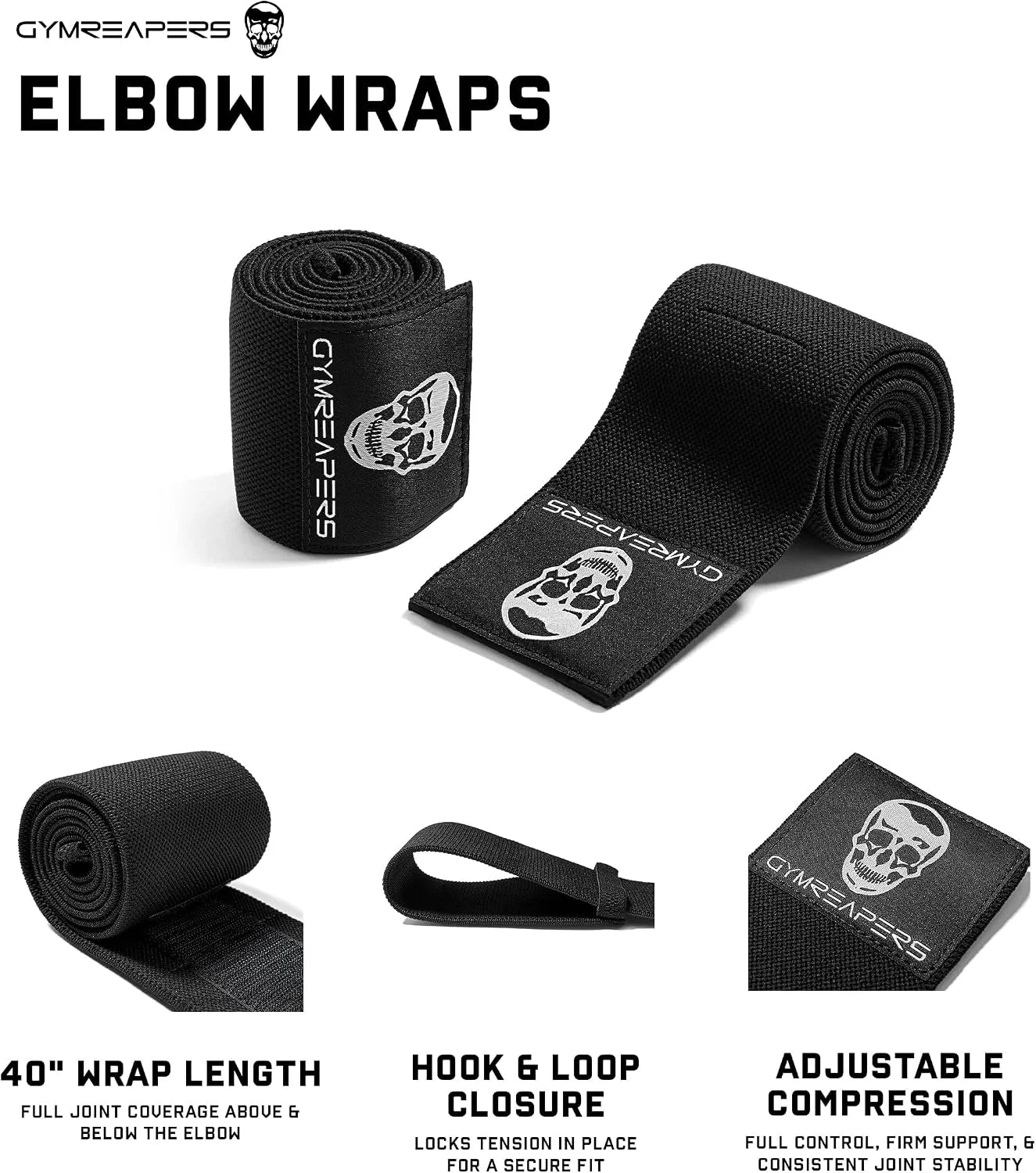 Gymreapers Weightlifting Elbow Wraps (1 Pair) - Flexible 40'' Elbow Compression Strap & Joint Support Brace - for Bench Press, Powerlifting, and Pressing