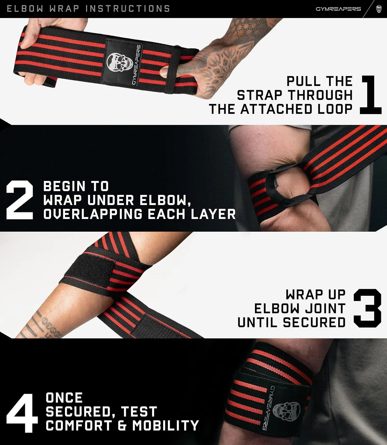 Gymreapers Weightlifting Elbow Wraps (1 Pair) - Flexible 40'' Elbow Compression Strap & Joint Support Brace - for Bench Press, Powerlifting, and Pressing