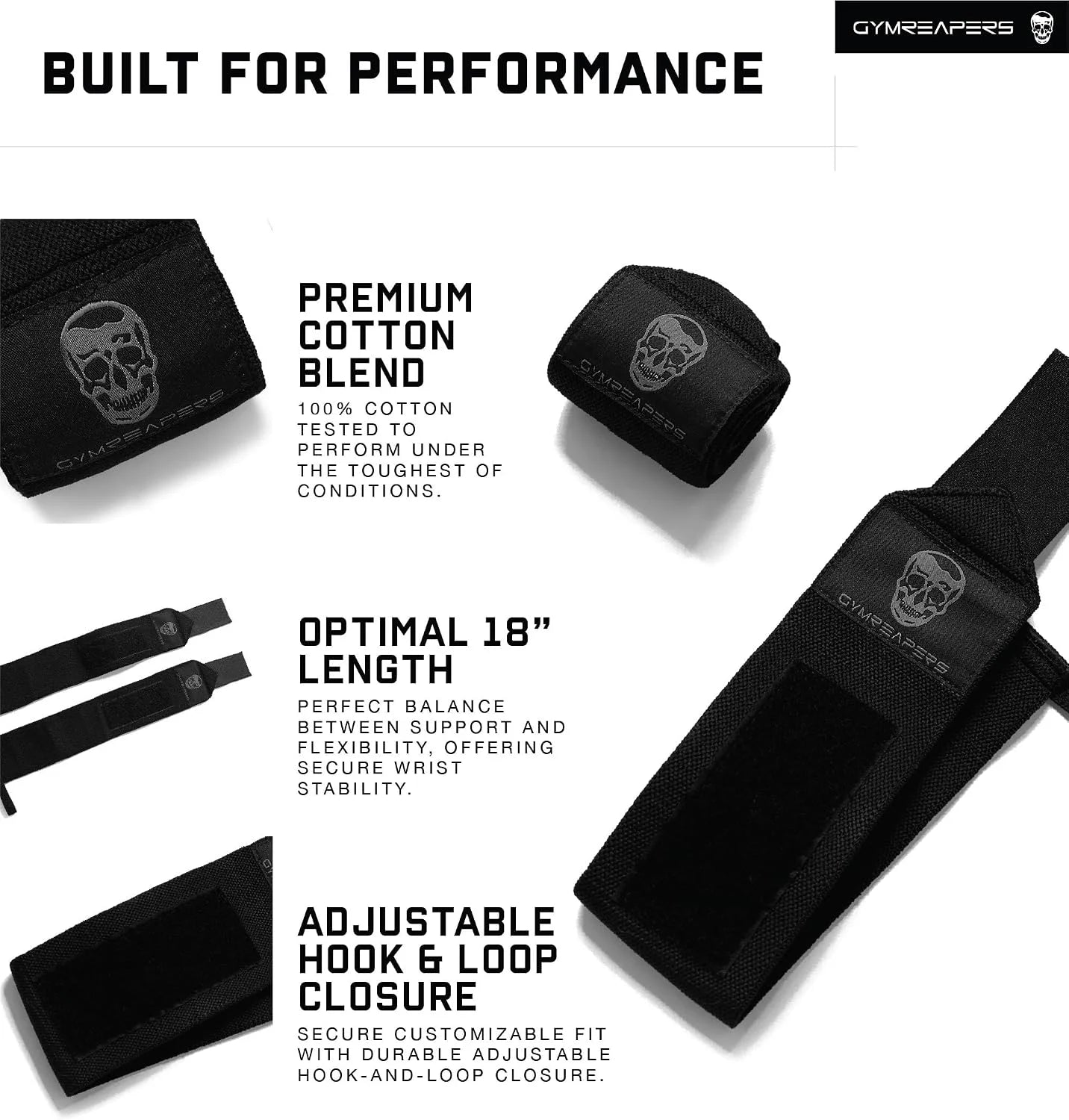 Gymreapers Weightlifting Wrist Wraps (IPF Approved) Professional Quality Wrist Support with Heavy Duty Thumb Loop - Best Wrap for Powerlifting Competition, Strength Training, Bodybuilding
