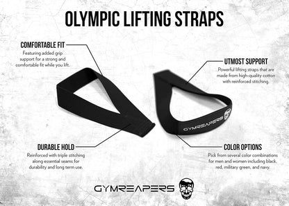 Gymreapers Olympic Lifting Straps for Weightlifting, Snatch, Clean, Powerlifting, Strongman, Deadlifts - Durable Cotton with Reinforced Stitching (Pair)