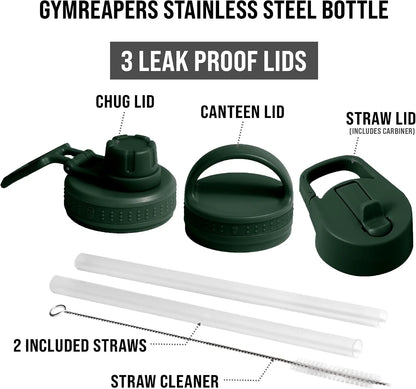 Gymreapers Insulated Water Bottle with Straw - 32 OZ Stainless Steel Water Bottles - BPA Free Metal Double Wall Vacuum Cold Hot Leakfree Flask Jug For Travel, Sports, Gym, School & Workout
