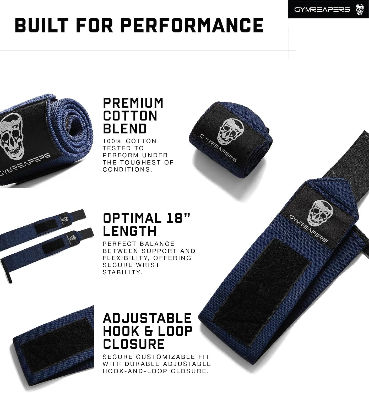 Gymreapers Weightlifting Wrist Wraps (IPF Approved) Professional Quality Wrist Support with Heavy Duty Thumb Loop - Best Wrap for Powerlifting Competition, Strength Training, Bodybuilding