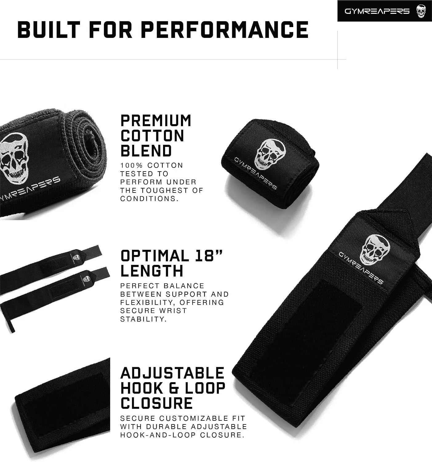 Gymreapers Weightlifting Wrist Wraps (IPF Approved) Professional Quality Wrist Support with Heavy Duty Thumb Loop - Best Wrap for Powerlifting Competition, Strength Training, Bodybuilding