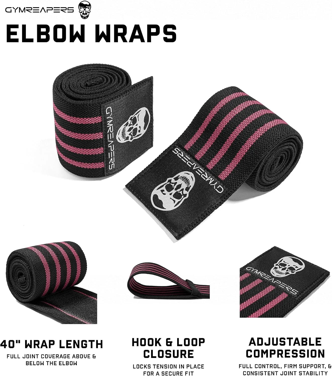 Gymreapers Weightlifting Elbow Wraps (1 Pair) - Flexible 40'' Elbow Compression Strap & Joint Support Brace - for Bench Press, Powerlifting, and Pressing