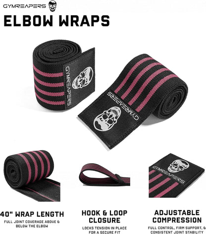 Gymreapers Weightlifting Elbow Wraps (1 Pair) - Flexible 40'' Elbow Compression Strap & Joint Support Brace - for Bench Press, Powerlifting, and Pressing