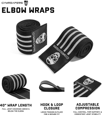 Gymreapers Weightlifting Elbow Wraps (1 Pair) - Flexible 40'' Elbow Compression Strap & Joint Support Brace - for Bench Press, Powerlifting, and Pressing