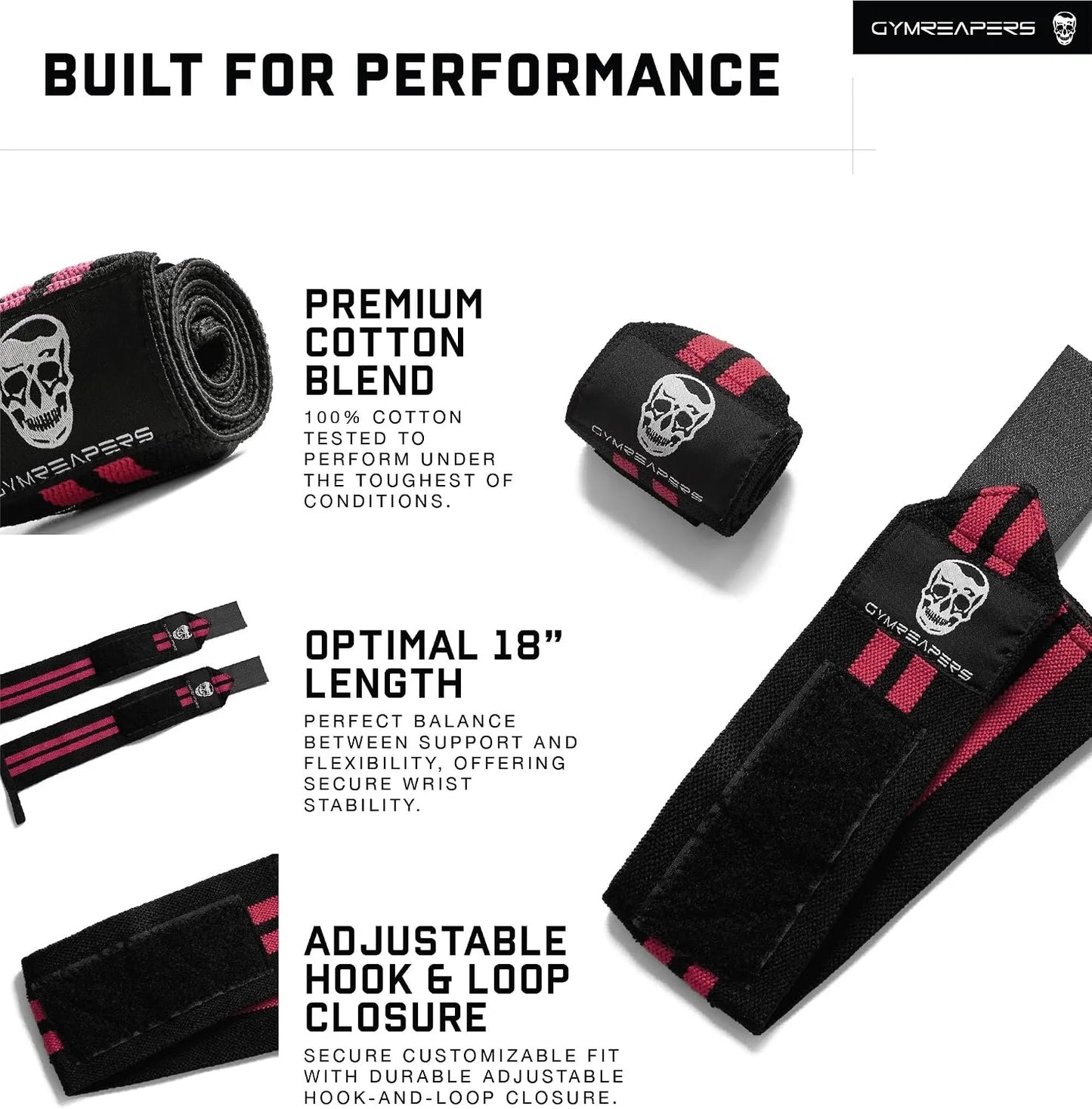 Gymreapers Weightlifting Wrist Wraps (IPF Approved) Professional Quality Wrist Support with Heavy Duty Thumb Loop - Best Wrap for Powerlifting Competition, Strength Training, Bodybuilding