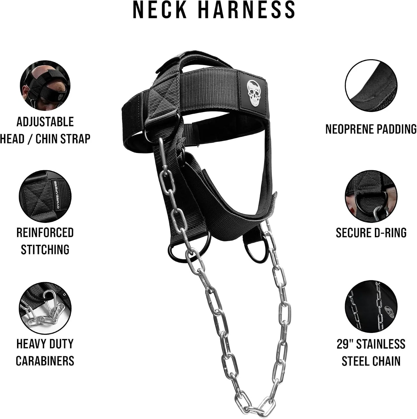 Gymreapers Neck Harness Weight Lifting - Neck Trainer Workout Equipment - Heavy Duty Stainless Steel Chain, Adjustable Neoprene Head Strap, Exercise Equipment for Strength & Pain Relief