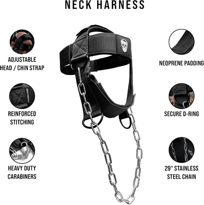 Gymreapers Neck Harness Weight Lifting - Neck Trainer Workout Equipment - Heavy Duty Stainless Steel Chain, Adjustable Neoprene Head Strap, Exercise Equipment for Strength & Pain Relief