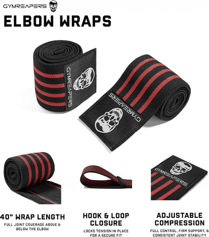 Gymreapers Weightlifting Elbow Wraps (1 Pair) - Flexible 40'' Elbow Compression Strap & Joint Support Brace - for Bench Press, Powerlifting, and Pressing
