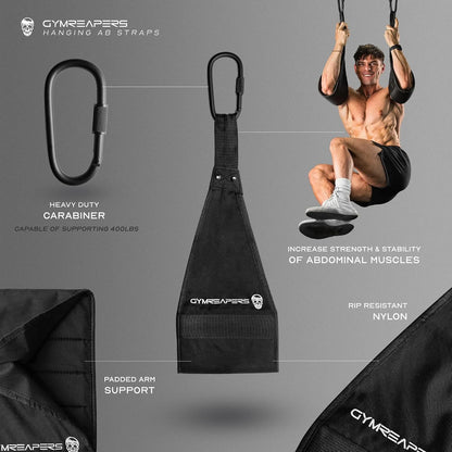 Gymreapers Hanging Ab Straps for Pull-Up Bar - Hang Bar Assist Strap & Strength Workout Equipment, Padded Adjustable Arm Supports with 2 Steel Carabiners for Leg Raises, Abdominal & Core Training