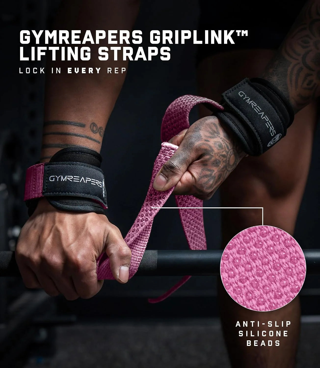 Gymreapers GripLink Lifting Straps – Heavy Duty D-Ring Weight Lifting Wrist Straps with Anti-Slip Silicone Grip Beads, Adjustable Support for Deadlifts, Powerlifting, Cable Machines & Gym Training