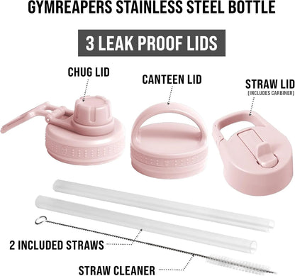 Gymreapers Insulated Water Bottle with Straw - 32 OZ Stainless Steel Water Bottles - BPA Free Metal Double Wall Vacuum Cold Hot Leakfree Flask Jug For Travel, Sports, Gym, School & Workout