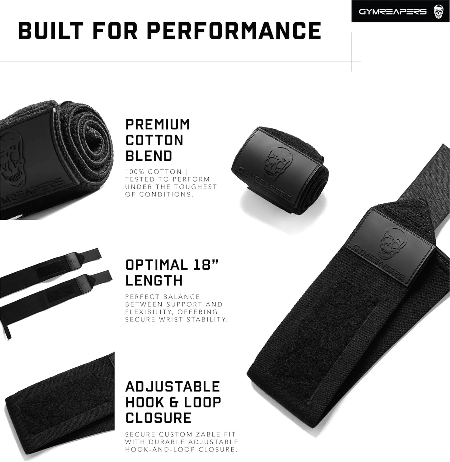 Gymreapers Weightlifting Wrist Wraps (IPF Approved) Professional Quality Wrist Support with Heavy Duty Thumb Loop - Best Wrap for Powerlifting Competition, Strength Training, Bodybuilding
