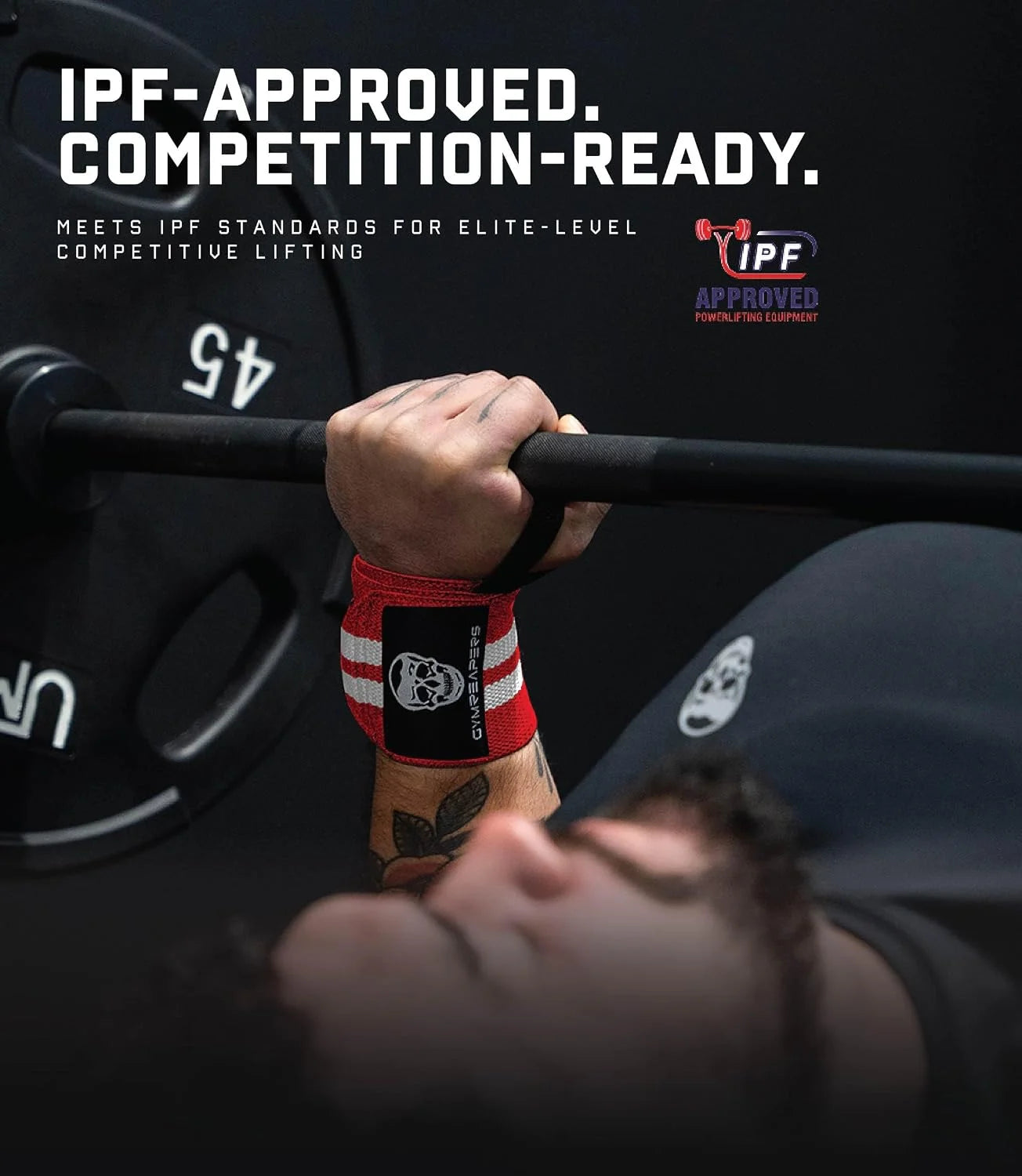Gymreapers Weightlifting Wrist Wraps (IPF Approved) Professional Quality Wrist Support with Heavy Duty Thumb Loop - Best Wrap for Powerlifting Competition, Strength Training, Bodybuilding