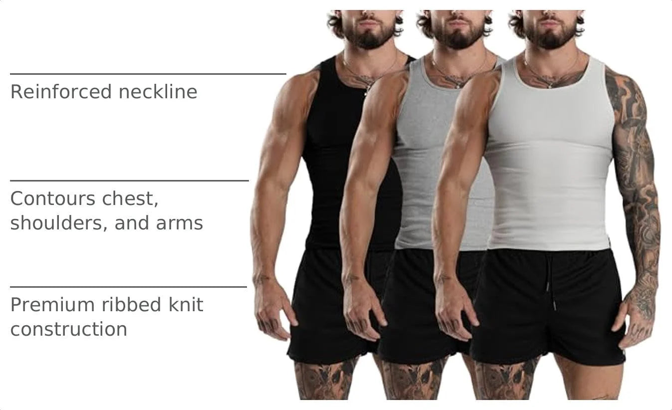 Gymreapers Mens Tank Tops Ribbed Sleeveless Undershirts - Cotton Fit Compression Tank for Gym, Workout & Training - Pack of 3