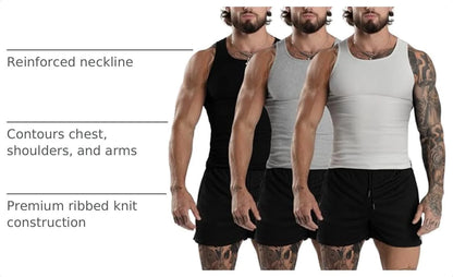 Gymreapers Mens Tank Tops Ribbed Sleeveless Undershirts - Cotton Fit Compression Tank for Gym, Workout & Training - Pack of 3
