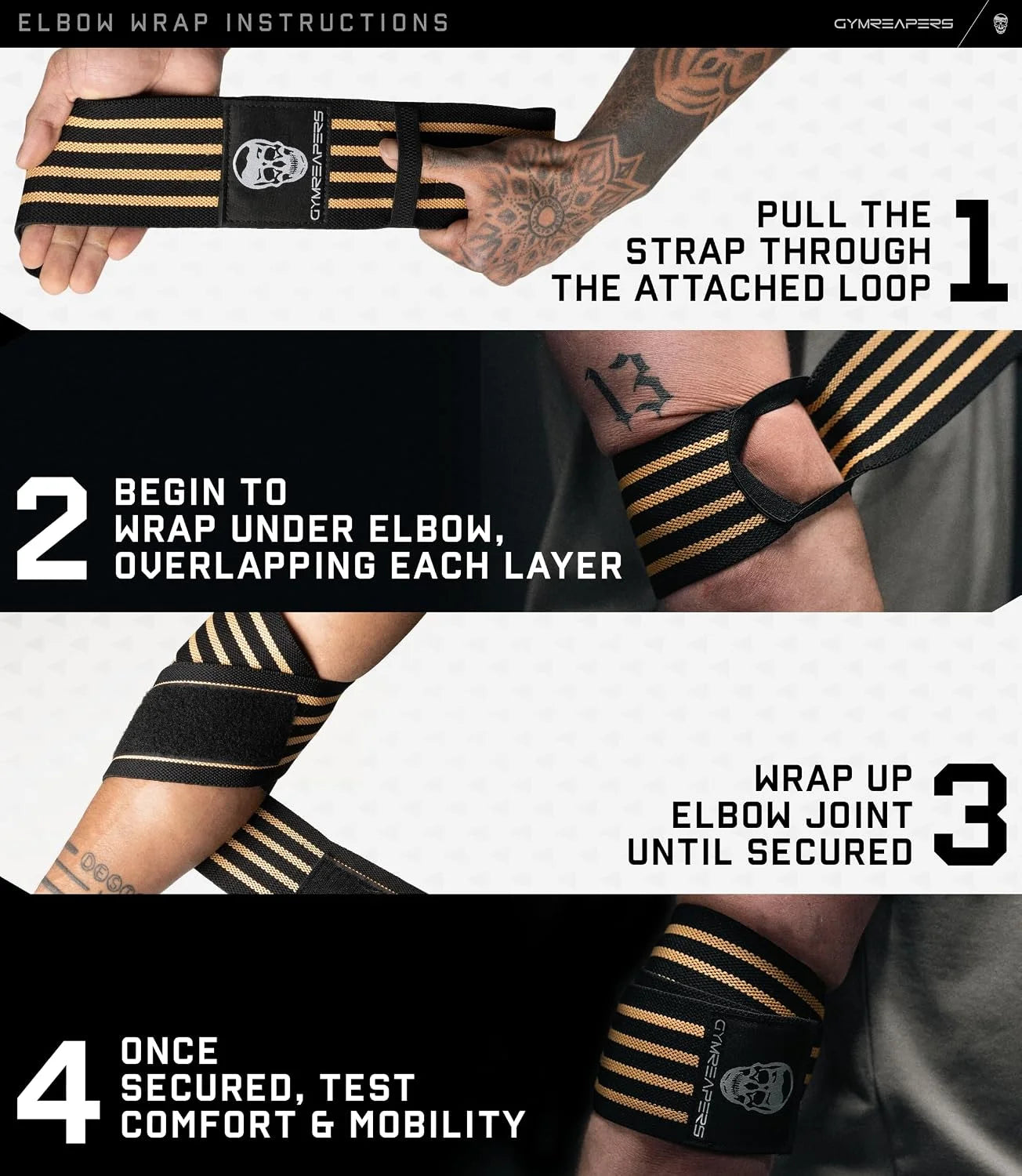 Gymreapers Weightlifting Elbow Wraps (1 Pair) - Flexible 40'' Elbow Compression Strap & Joint Support Brace - for Bench Press, Powerlifting, and Pressing