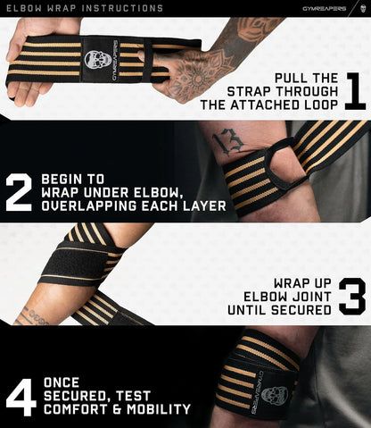 Gymreapers Weightlifting Elbow Wraps (1 Pair) - Flexible 40'' Elbow Compression Strap & Joint Support Brace - for Bench Press, Powerlifting, and Pressing