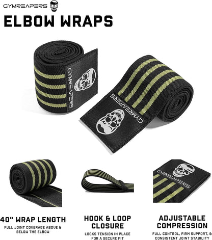 Gymreapers Weightlifting Elbow Wraps (1 Pair) - Flexible 40'' Elbow Compression Strap & Joint Support Brace - for Bench Press, Powerlifting, and Pressing