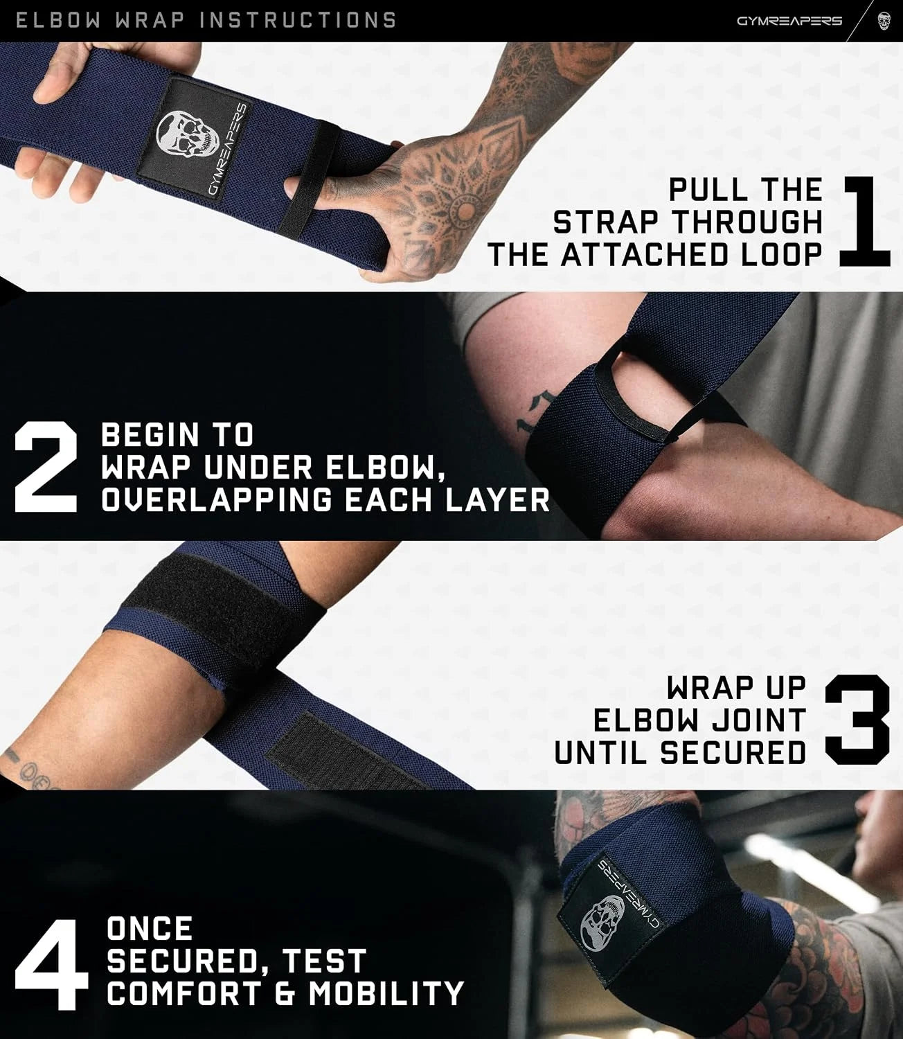 Gymreapers Weightlifting Elbow Wraps (1 Pair) - Flexible 40'' Elbow Compression Strap & Joint Support Brace - for Bench Press, Powerlifting, and Pressing