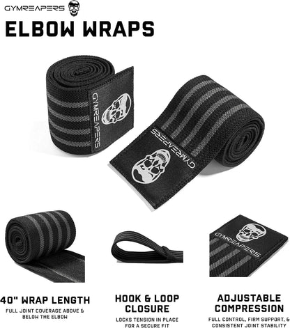 Gymreapers Weightlifting Elbow Wraps (1 Pair) - Flexible 40'' Elbow Compression Strap & Joint Support Brace - for Bench Press, Powerlifting, and Pressing