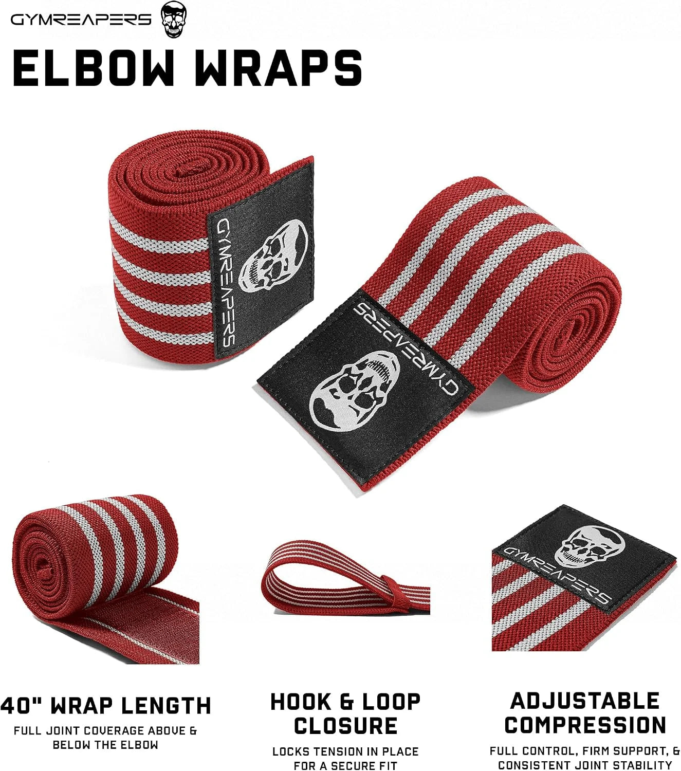 Gymreapers Weightlifting Elbow Wraps (1 Pair) - Flexible 40'' Elbow Compression Strap & Joint Support Brace - for Bench Press, Powerlifting, and Pressing