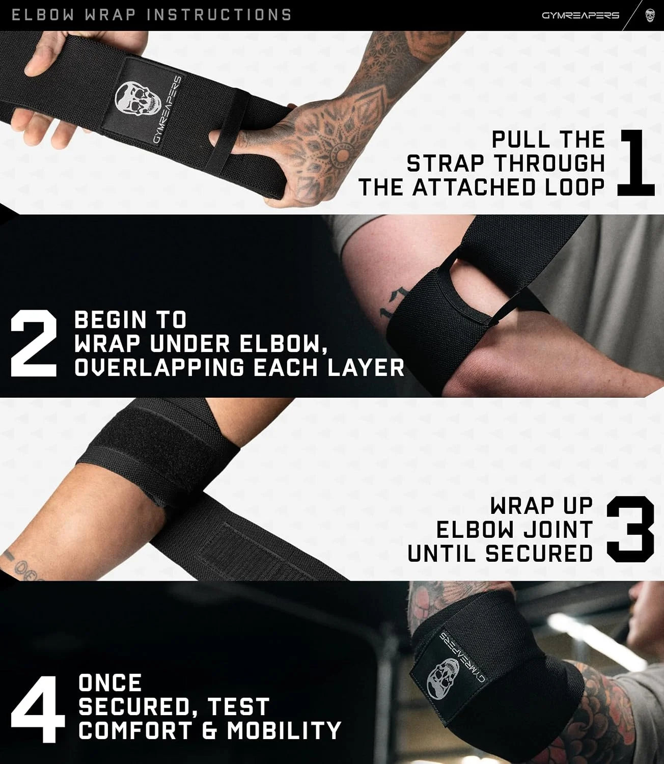 Gymreapers Weightlifting Elbow Wraps (1 Pair) - Flexible 40'' Elbow Compression Strap & Joint Support Brace - for Bench Press, Powerlifting, and Pressing